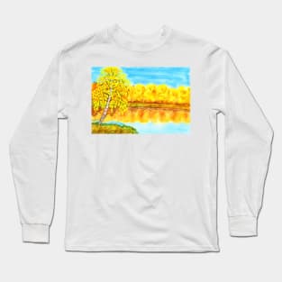 Autumn landscape with yellow birch near lake and yellow forest. Long Sleeve T-Shirt